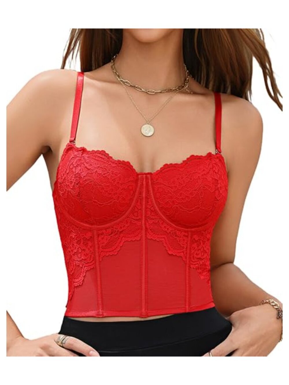 Lace Corset Bustier Crop Top with Underwire Sleeveless Adjustable Straps